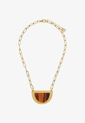 Złoty naszyjnik z łańcuchem z zawieszką w kształcie półksiężyca, z brązowym, marmurowym wstawką. Ogniwa łańcucha są wydłużone, z zapięciem na kraba.