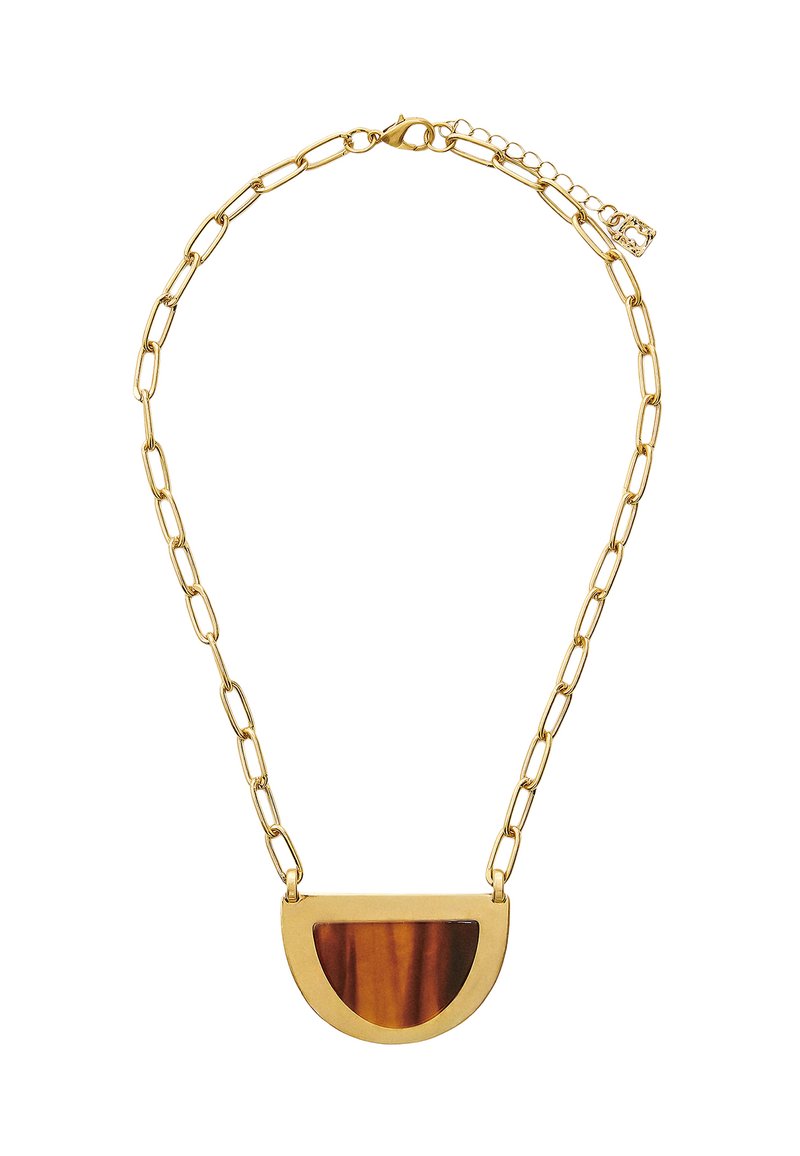 Złoty naszyjnik z łańcuchem z zawieszką w kształcie półksiężyca, z brązowym, marmurowym wstawką. Ogniwa łańcucha są wydłużone, z zapięciem na kraba.