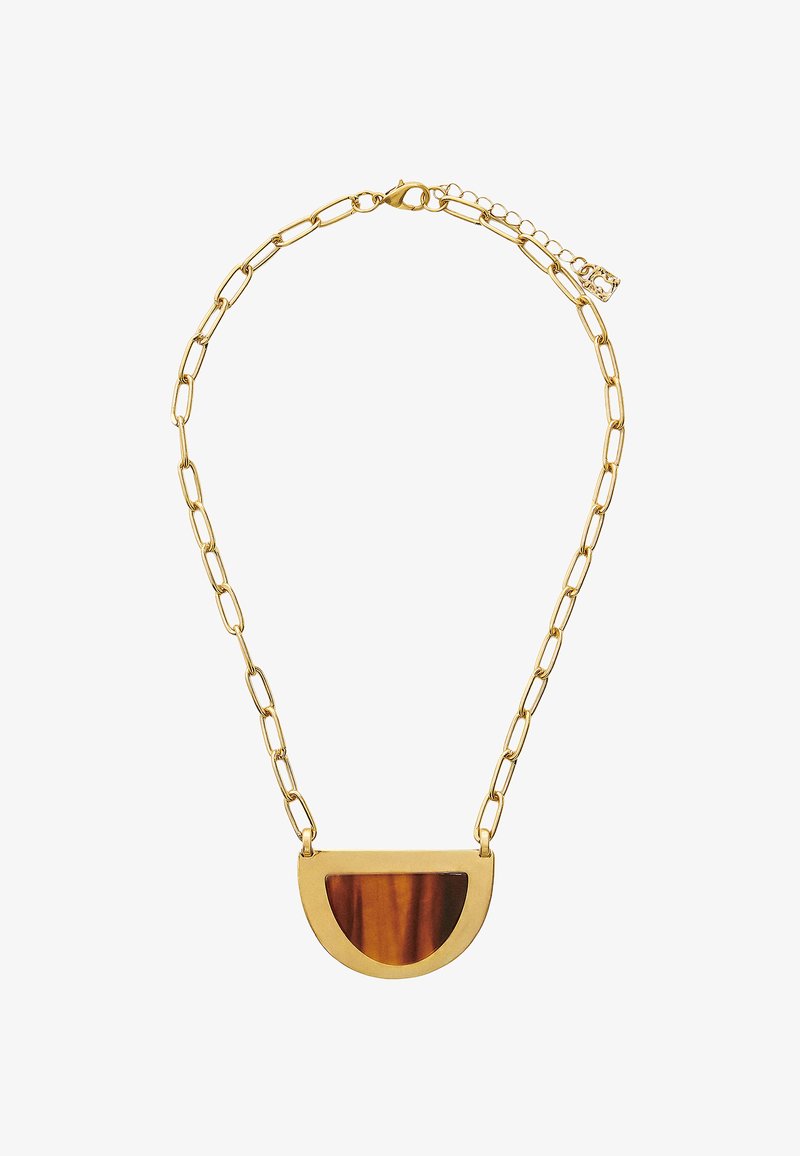 Złoty naszyjnik z łańcuchem z zawieszką w kształcie półksiężyca, z brązowym, marmurowym wstawką. Ogniwa łańcucha są wydłużone, z zapięciem na kraba.
