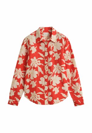 Langarm blouse met knoopsluiting in felrood met een grote crèmekleurige bloemenprint en een klassieke kraag.