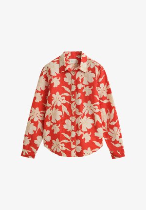 Langarm blouse met knoopsluiting in felrood met een grote crèmekleurige bloemenprint en een klassieke kraag.