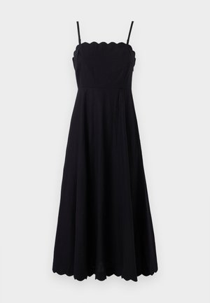 Sort ærmeløs kjole med bølget udskæring, tætsiddende liv og en flagrende nederdel. Lavet af letvægtsstof med en glat overflade.