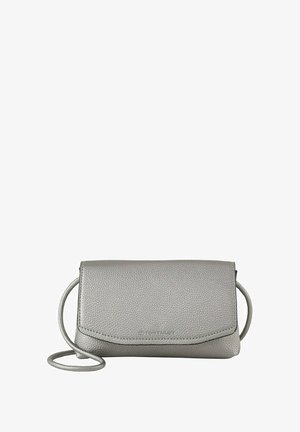 Grey leather crossbody bag with a textured finish, rectangular shape, flap closure, and a detachable strap. Branding on the front.