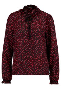 Blusa negra con un patrón de manchas rojas, mangas largas, cuello con volantes y detalle de lazada en el cuello. Textura de tela suave.