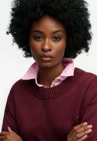 Bordowy sweter z dzianiny z prążkowanym dekoltem, nałożony na jasnoróżową koszulę z kołnierzykiem. Ręce skrzyżowane z przodu, ukazujące gładką fakturę skóry.