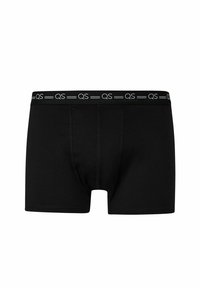 Black men's boxer briefs with a black elastic waistband featuring repeated "QS" logo in white, front contoured stitching, flat lay on white background.