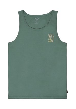 Canotta verde senza maniche con piccolo sole giallo, onda e logo "Billabong" sul lato sinistro del petto.