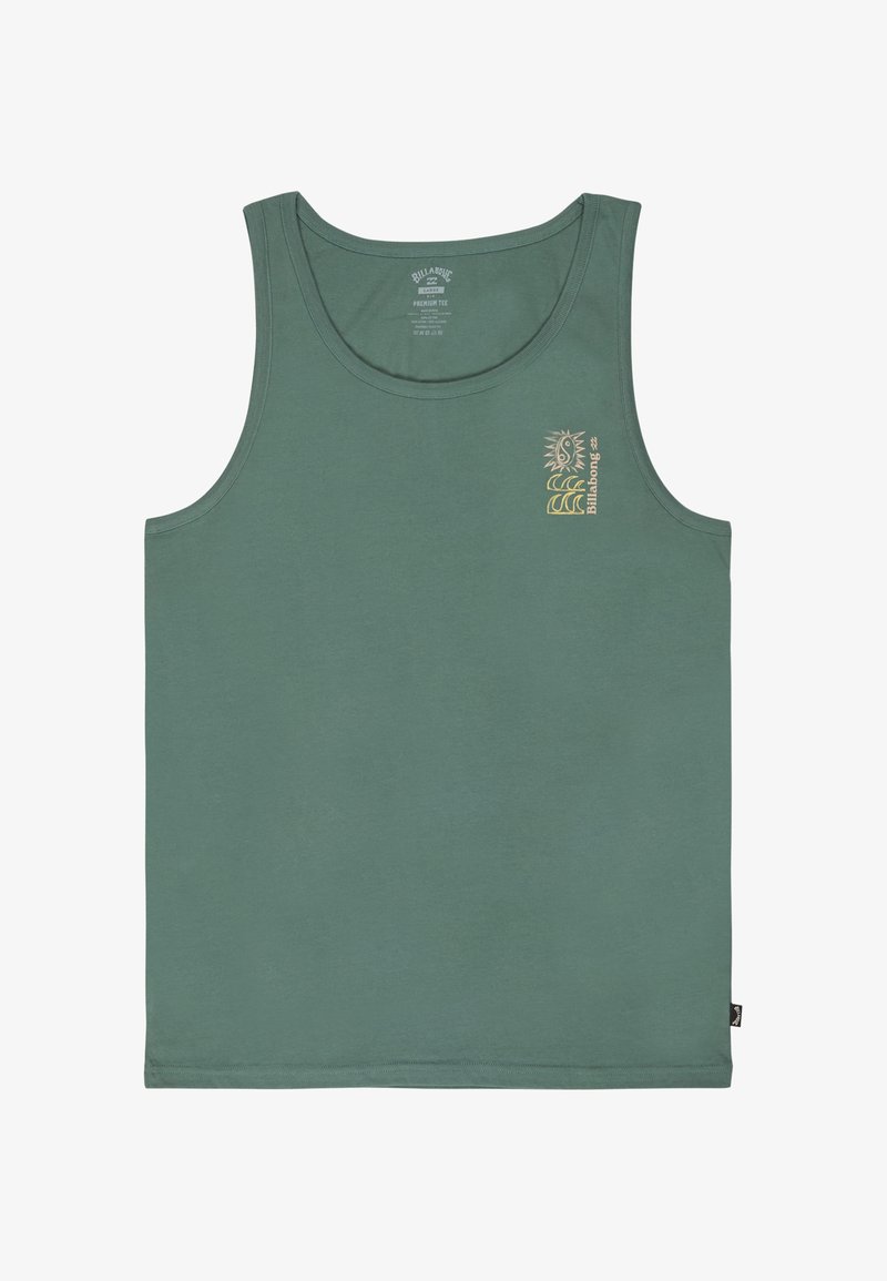Zelené tielko bez rukávov s malým žltým slnkom, vlnou a logom "Billabong" na ľavej strane hrude.
