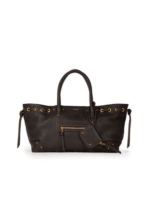 Brun læderhåndtaske med gulddetaljer, to øverste håndtag, lynlåslomme foran og sideremme. Tekstureret overflade med subtil glans.