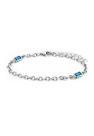 Silver chain bracelet with two rectangular blue gemstones, evenly spaced, and a lobster clasp, shown on a plain white background.