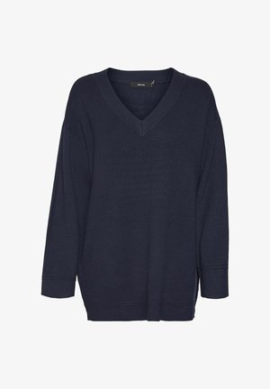 Granatowy sweter w serek wykonany z miękkiego materiału, z długimi rękawami, ribbowanymi mankietami i luźnym krojem z bocznymi rozcięciami na dole.