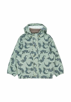 Chaqueta verde claro con un patrón repetido de cocodrilo. Confeccionada con una tela exterior suave y un forro interior texturizado y suave, además de una capucha ajustable.