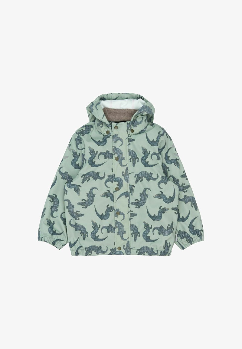 Veste vert clair avec un motif répétitif de crocodile. Elle est fabriquée en tissu extérieur lisse avec une doublure intérieure douce et texturée, et possède une capuche ajustable.