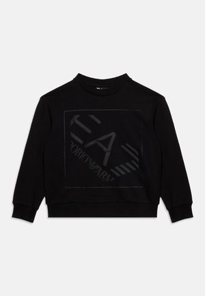 Black crewneck sweatshirt with long sleeves and a subtle embossed Emporio Armani logo on the front center.