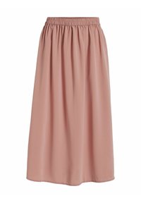 Jupe midi de couleur rose poussière avec une taille élastique froncée et un tissu fluide, conçue pour un usage décontracté ou semi-formel.