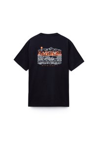Black cotton t-shirt featuring a graphic design of mountains and trees, with the word "NAPAPIJRI" in orange, positioned centrally on the back.