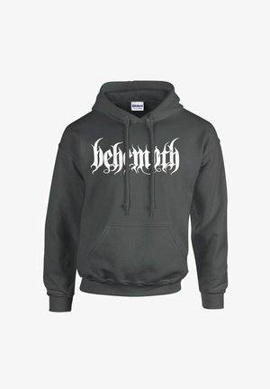 Grijze hoodie van een katoenmix met een groot wit logo met de tekst "behemoth" in gestileerd lettertype op de borst. Voorzien van een voorzak.