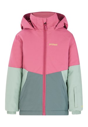 Veste à capuche rose et verte avec fermeture éclair à l'avant, présentant un design coloré, des poignets élastiques et un logo sur le côté supérieur gauche.