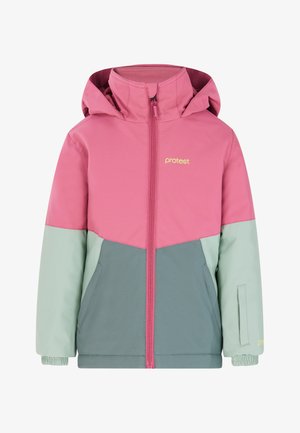 Giacca con cappuccio rosa e verde con zip frontale, caratterizzata da un design a blocchi di colore, polsini elasticizzati e un logo sul lato superiore sinistro.