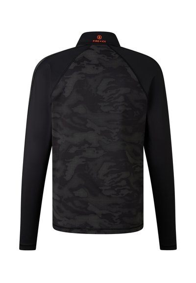 Schwarzer Pullover mit langen Ärmeln und einer strukturierten Tarnmusterung auf der Rückseite. Verfügt über einen hohen Kragen und ein kontrastierendes oranges Markenlogo in der Nähe des Halses.
