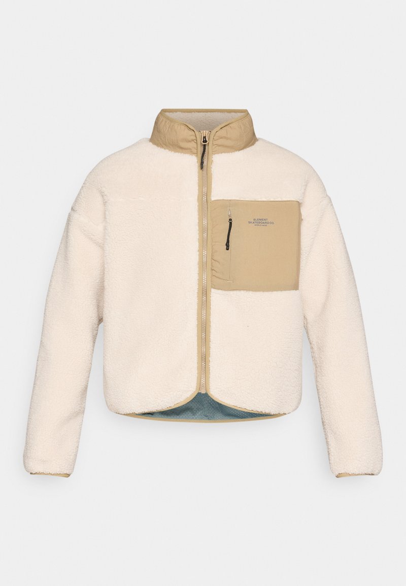 Giacca in fleece color crema con colletto e tasca in nylon beige. Presenta una chiusura con zip e un orlo arrotondato. Texture morbida, design casual.