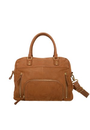 Borsa a mano in pelle marrone con manici superiori doppi, tracolla regolabile, numerosi taschini con zip e dettagli in hardware color oro.
