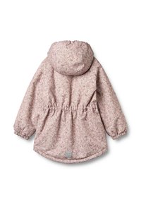 Floral-patterned pink jacket with a hood, elasticized waist and cuffs, and a rounded hem. Features a metal logo accent at the lower back.