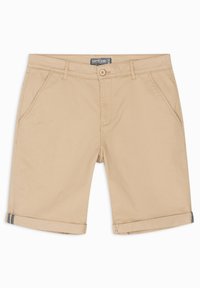 Beige herres afslappede shorts med knaplukning, bæltestropper, sidelommer og opbrettede kanter med mørke stribedetaljer på kanterne.