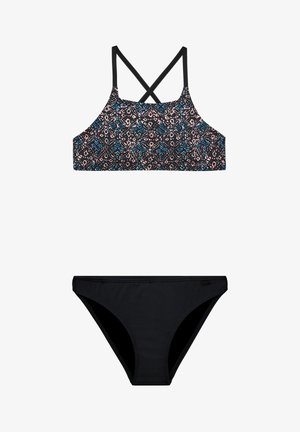 Twee-delige bikini met een zwarte geprinte top met gekruiste banden en een effen zwarte onderkant. Gemaakt van een soepele, rekbare zwemkledingstof.