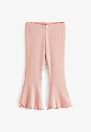 Rosa, gerippte Schlagleggings mit weichem Textur, versehen mit einem gerafften Saum am Ende und einem elastischen Bund für optimalen Tragekomfort.