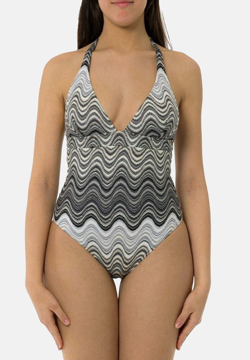Costume da bagno intero con scollatura a V profonda, caratterizzato da un motivo ondulato in grigio e bianco. Realizzato in un tessuto leggero, con design a collo alto.