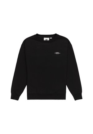 Sudadera negra, mezcla de algodón, cuello redondo, mangas largas, puños y dobladillo ajustados, pequeño logo blanco en el pecho, textura suave, diseño minimalista.