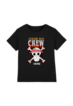 Black T-shirt with a skull wearing a red straw hat and crossbones, featuring the text "Straw Hat Crew" and "One Piece" below.