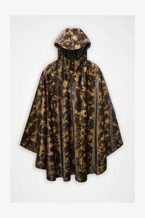Brązowy i złoty poncho przeciwdeszczowe z kapturkiem w stylu tie-dye, o luźnym kroju i gładkim, błyszczącym, wodoodpornym materiale.