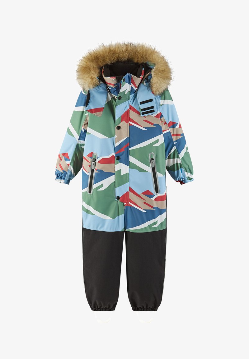 Fato de neve colorido com capuz, apresentando acabamento em pelúcia sintética, padrões geométricos em azul, verde e vermelho, material impermeável e bolsos com fecho de correr.