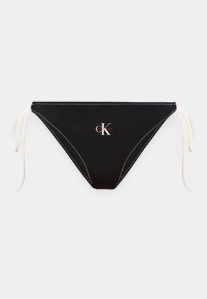 Melni bikini apakšdaļas ar baltām sānu auklām un Calvin Klein "cK" logotipu centrā priekšpusē.