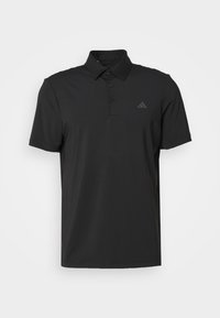 Black polo shirt made of smooth fabric, featuring a classic collar, three-button placket, and subtle logo on the chest.
