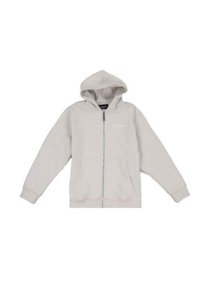 Felpa zip grigia chiara con cappuccio, tasche frontali, polsini a costine e un piccolo logo sulla parte sinistra del petto. Tessuto morbido in misto cotone.