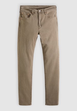 Slim fit beige denim jeans with front button and zipper, belt loops, and five pockets laid flat on a light background.