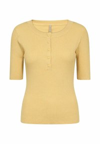 Top giallo a maniche corte con costine, scollo rotondo e abbottonatura con cinque bottoni. Texture liscia con design aderente e leggermente elasticizzato.