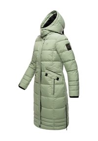 Mint green padded parka with a high collar and hood, featuring zippered pockets, a buttoned flap, and black accents on the sleeves.