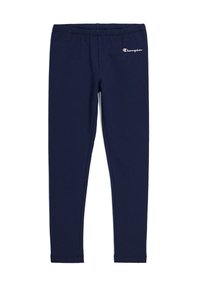Leggings azul marino fabricados con una mezcla de algodón elástico y una cinturilla elástica. Presentan un pequeño logotipo bordado en el muslo izquierdo.