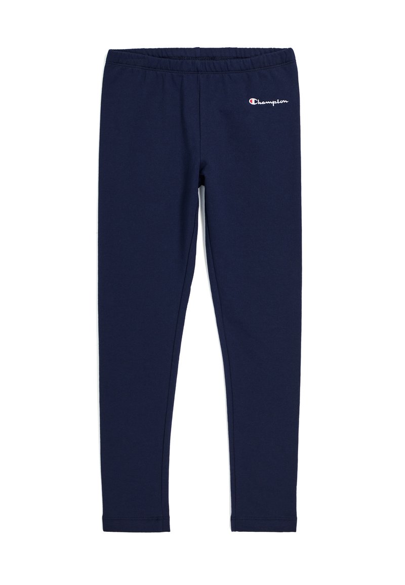 Leggings azul marino fabricados con una mezcla de algodón elástico y una cinturilla elástica. Presentan un pequeño logotipo bordado en el muslo izquierdo.