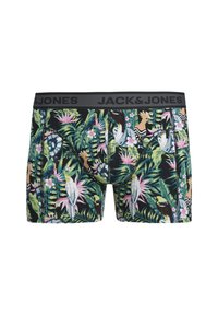 Caleçons boxers pour hommes avec un fond noir orné de motifs de feuilles et de fleurs tropicales vives, ceinture grise avec le logo "JACK & JONES".