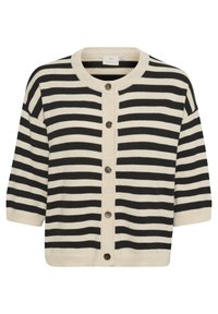Gestreifter Cardigan in Creme und Schwarz, mit Rundhalsausschnitt, kurzen Ärmeln und fünf Knopfverschluss vorne. Weiche Stricktextur.
