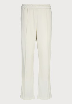 Calças brancas, largas e confortáveis, com uma cintura elástica. Apresentam dois pregas na frente e barras ligeiramente alargadas. Feitas de um tecido suave.