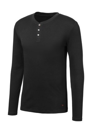 Schwarzes Langarm-Henley-Shirt aus weichem Stoff mit einem drei-knöpfigen Plastron, rundem Halsausschnitt und dezentem Logo-Detail am Saum.