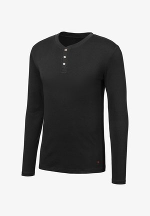 Schwarzes Langarm-Henley-Shirt aus weichem Stoff mit einem drei-knöpfigen Plastron, rundem Halsausschnitt und dezentem Logo-Detail am Saum.