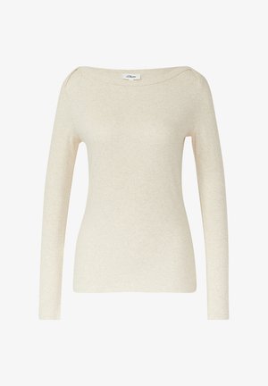 Haut en maille beige clair à manches longues et encolure bardot, présentant une texture lisse et des coutures minimales.