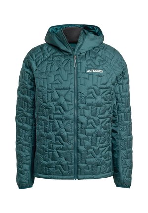 Zelená prošívaná bunda s kapucí, která má plný přední zip a detail s logem. Vyrobena z lehkého materiálu s texturovaným povrchovým designem.
